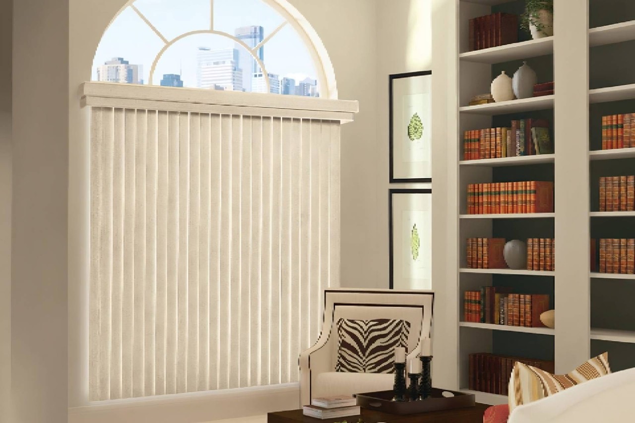 Hunter Douglas Somner® Vertical Blinds installed in a warm living room near Bainbridge Island, WA