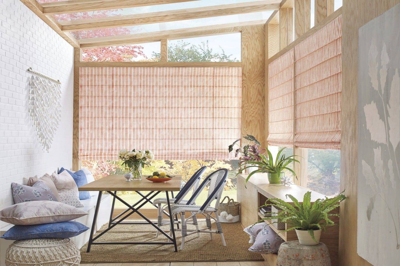 Pink Carole Fabrics Custom Drapes decorating a sunroom near Bainbridge Island, WA 