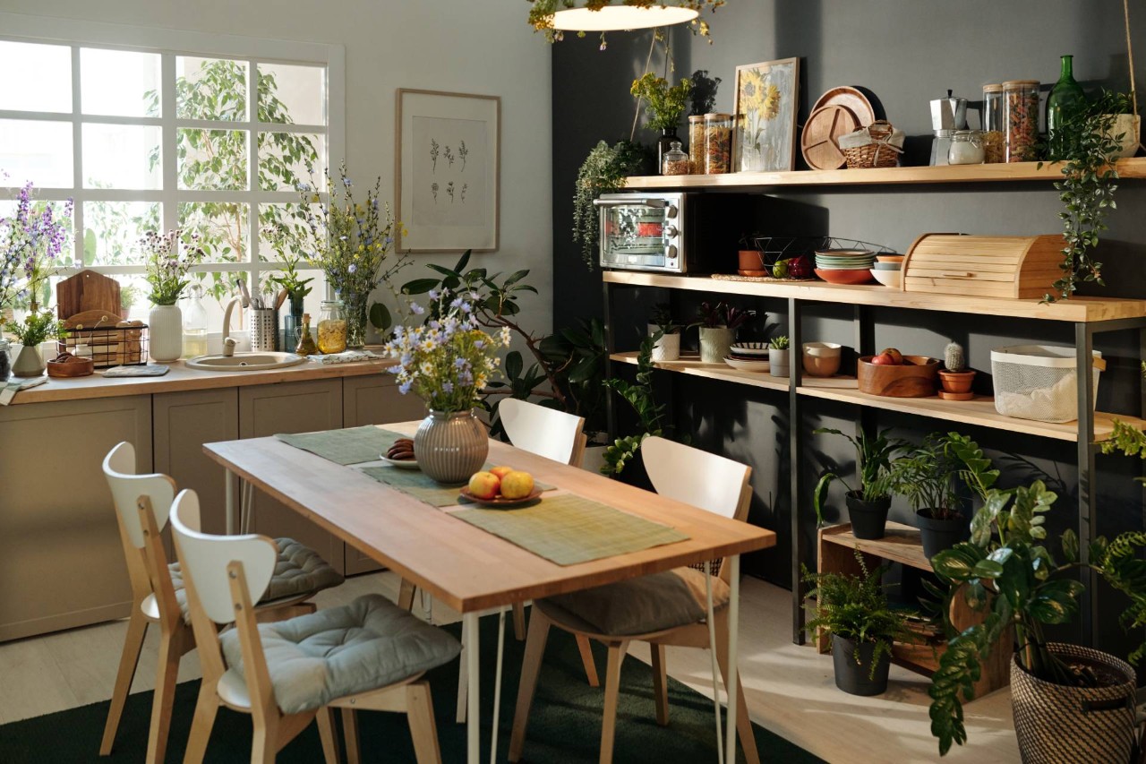 A cozy kitchen combining two interior design trends for 2025: biophilic and maximalist design at Eagle Harbor Window Coverings near Bainbridge Island, Washington (WA)