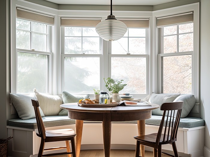 Breakfast nook with four windows in background and bench with seating that includes pillows. 