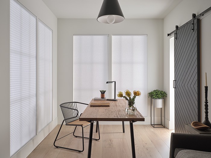 Clean office with windows featuring Hunter Douglas Duette Honeycomb shades.